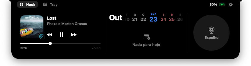 Notchly aberto com música, calendário, timer e espelho